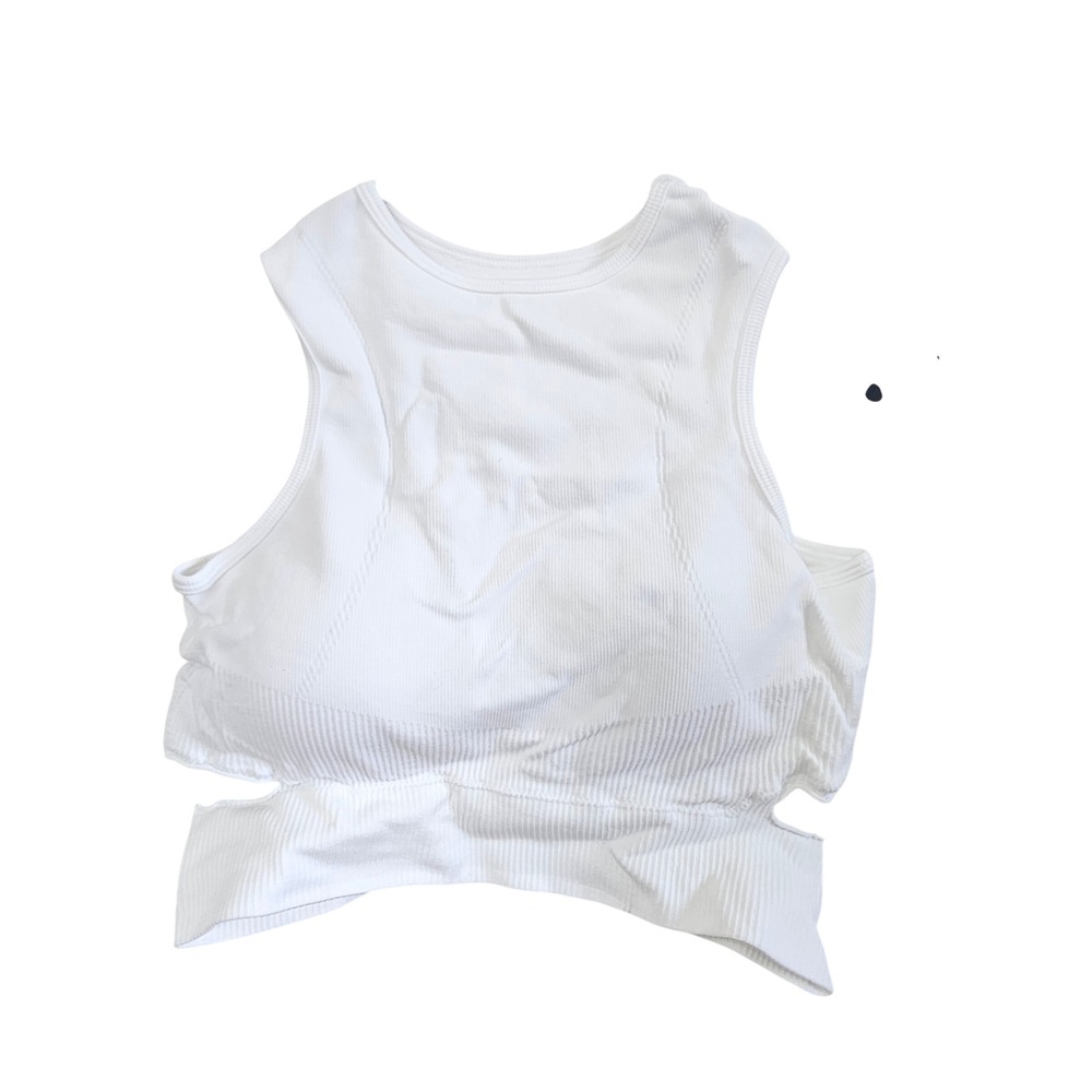 White Ribbed Cutout Crop Tank Top Seamless Athletic Workout Gym Stretch